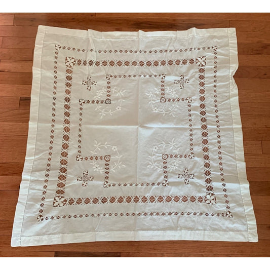 Vintage Hand Embroidered White Linen Tablecloth with Floral Cutwork Design