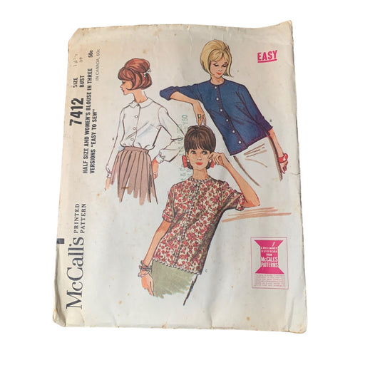 Vintage McCalls 7412 Sewing Pattern Half Size & Womens Shirt Size 18.5