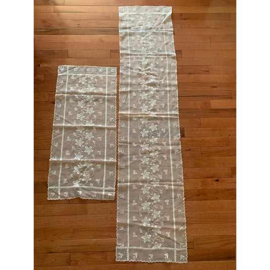 Set of 2 Sheer White Table Runners with Embroidered Floral Patterns