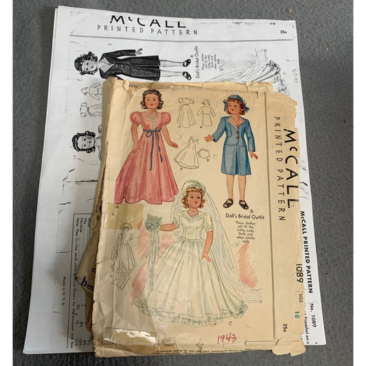 Vintage McCall Printed Pattern 1089 Dolls Bridal Outfit Size 18" Doll 1940s