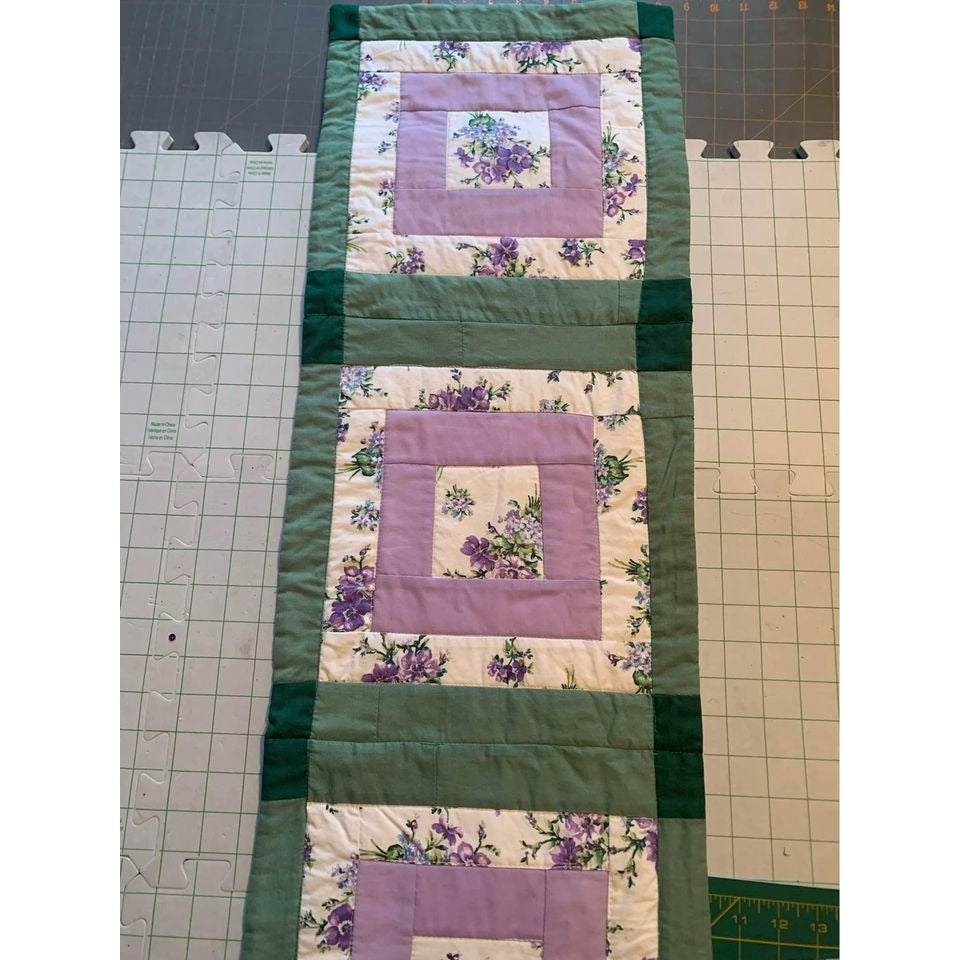 Handmade Green with Purple Flowers Quilted Runner 12” X 37”