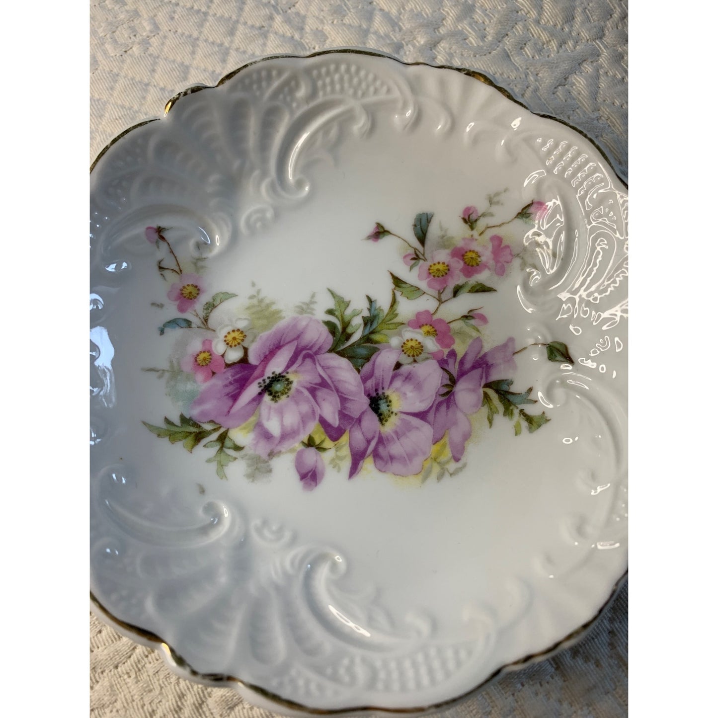 Vintage Purple Pink flower trinket dish bowl 5" bone china