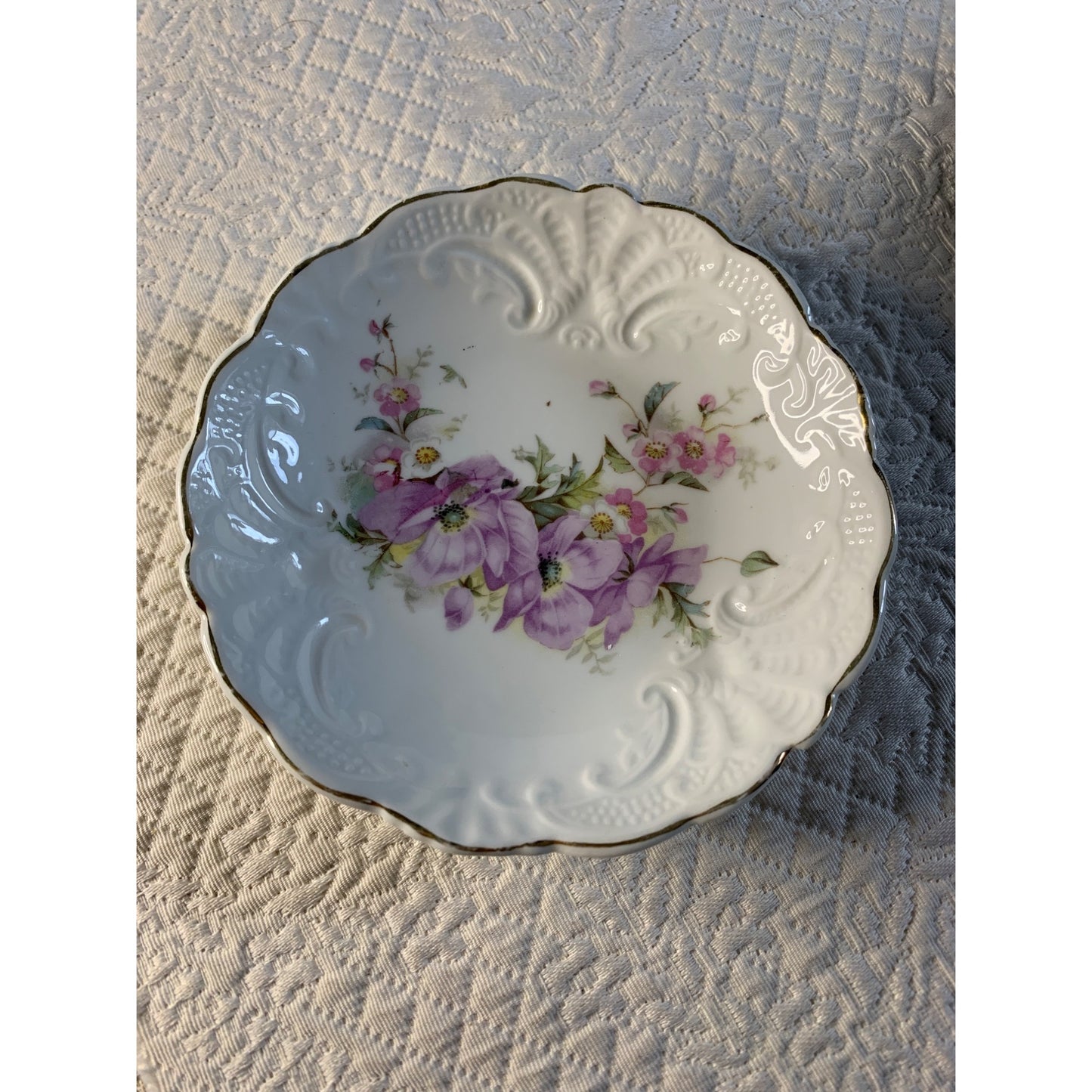 Vintage Purple Pink flower trinket dish bowl 5" bone china