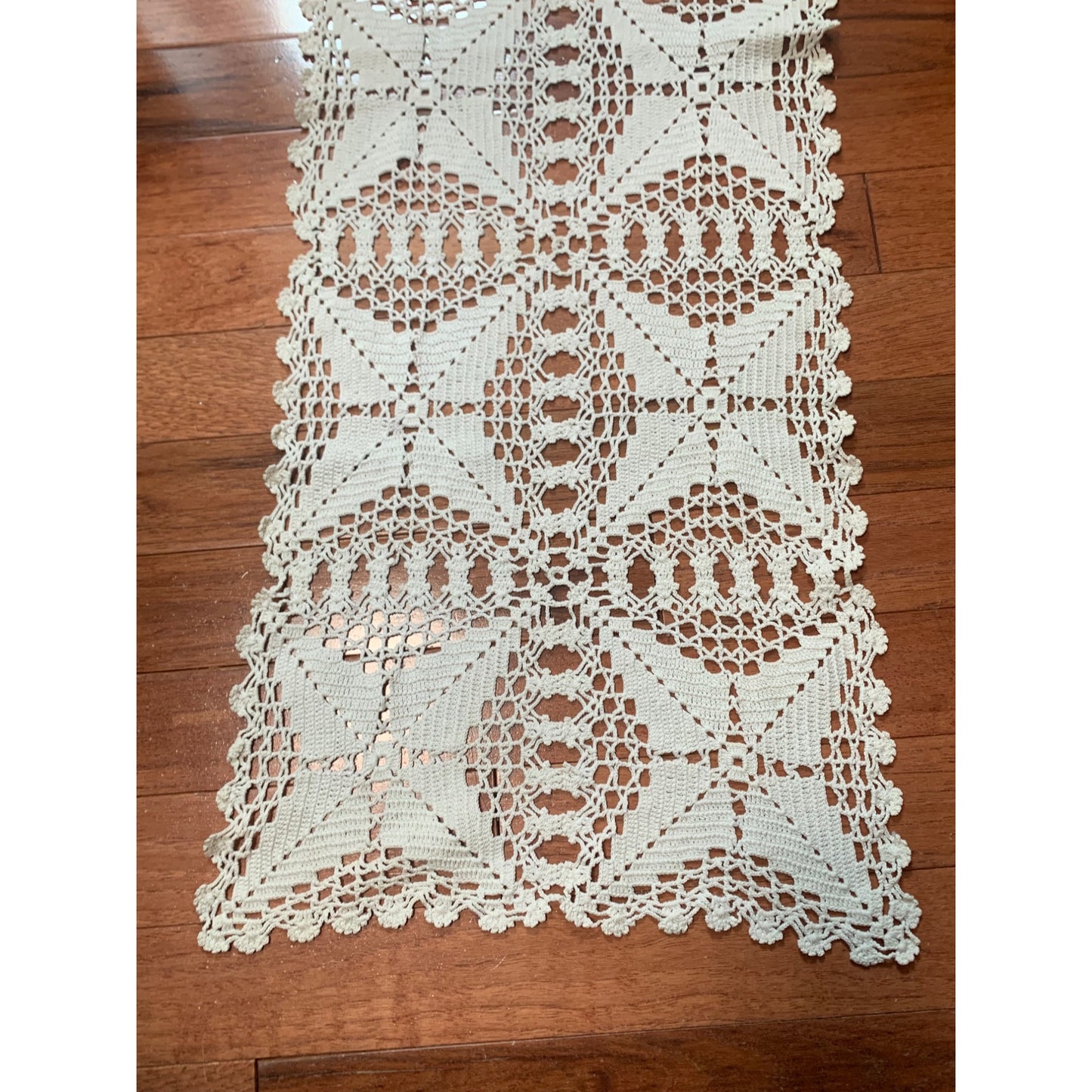 Handmade Crochet Lace Table Runner Approx. 33" x 11" Rectangular Delicate Ivory