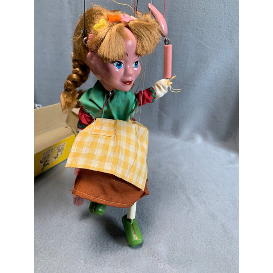 Vintage Pelham Puppet Girl with Original Box Hand-Made Wooden Marionette 1950s