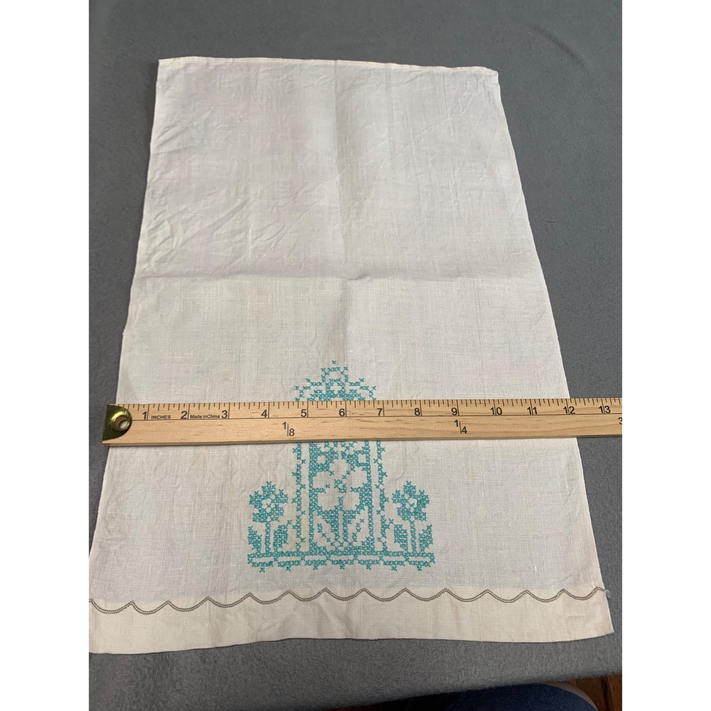 Vintage Embroidered Linen Tea Towel with Green Cross-Stitch Flowers & Scalloped Detail