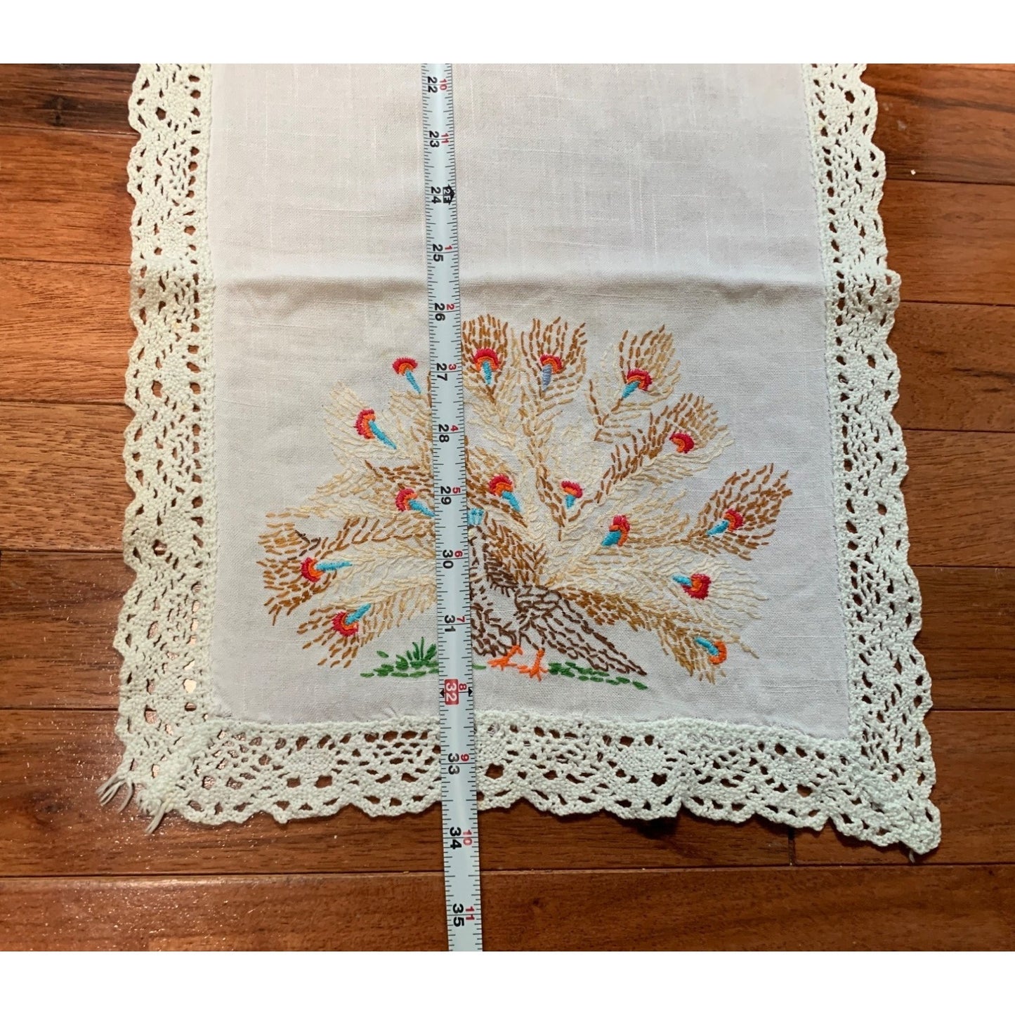 Vintage Hand Embroidered Peacock White Table Runner 12x34 inches