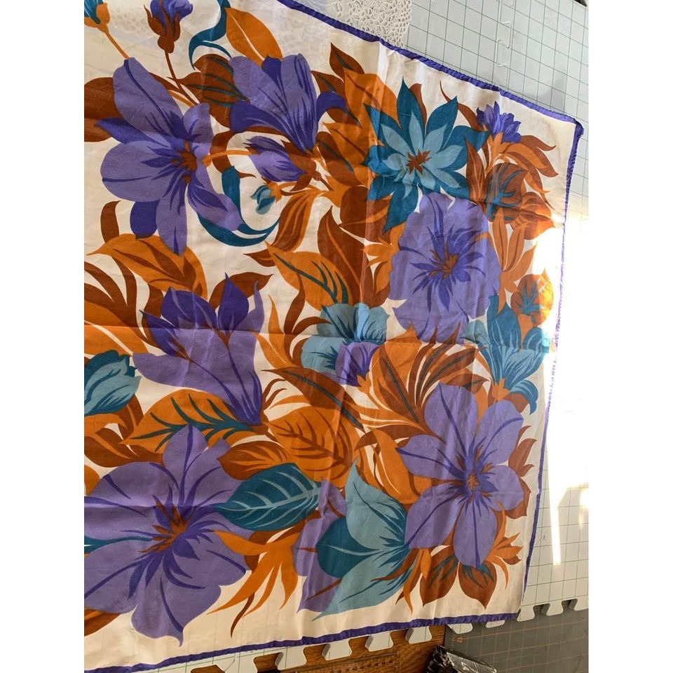 Vintage Women Purple Blue  & Brown Flower Scarf 27”x27”