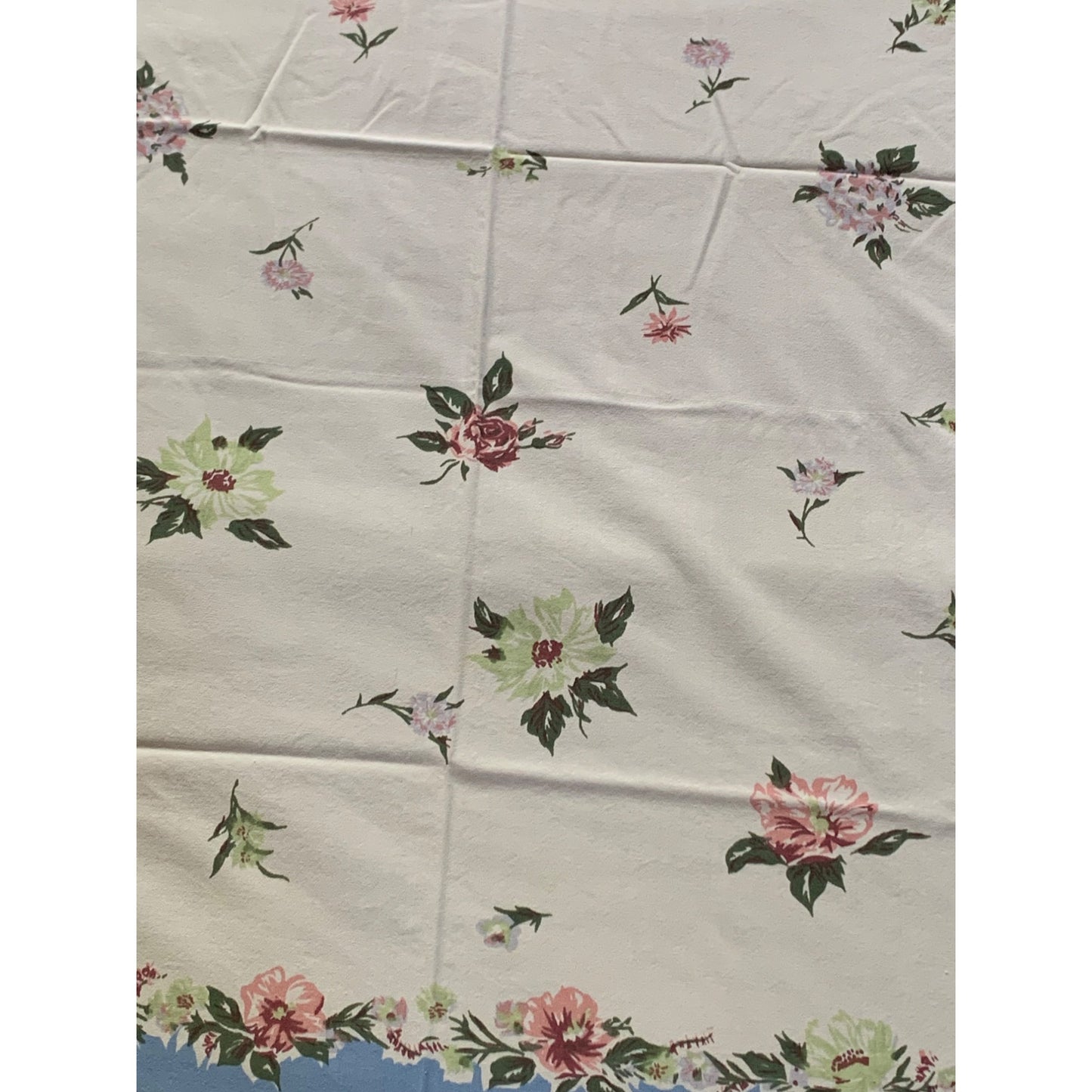 Vintage Blossom Breeze Floral Tablecloth with Blue & Pink Rose Border