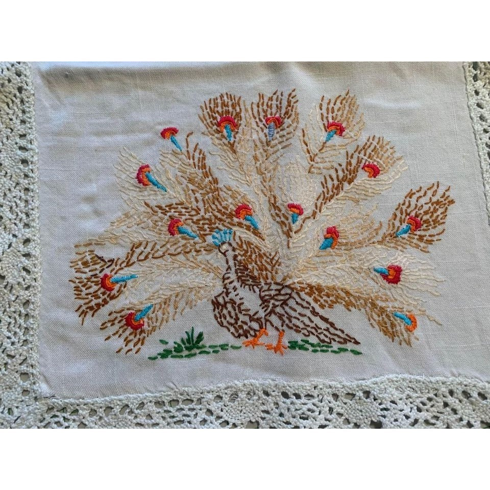 Vintage Hand Embroidered Peacock White Table Runner 12x34 inches