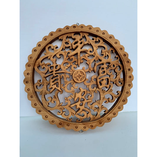 10" Small Round Chinese Blessing Fok Bats Motif Wood Wall Panel Plaque Wave Edge