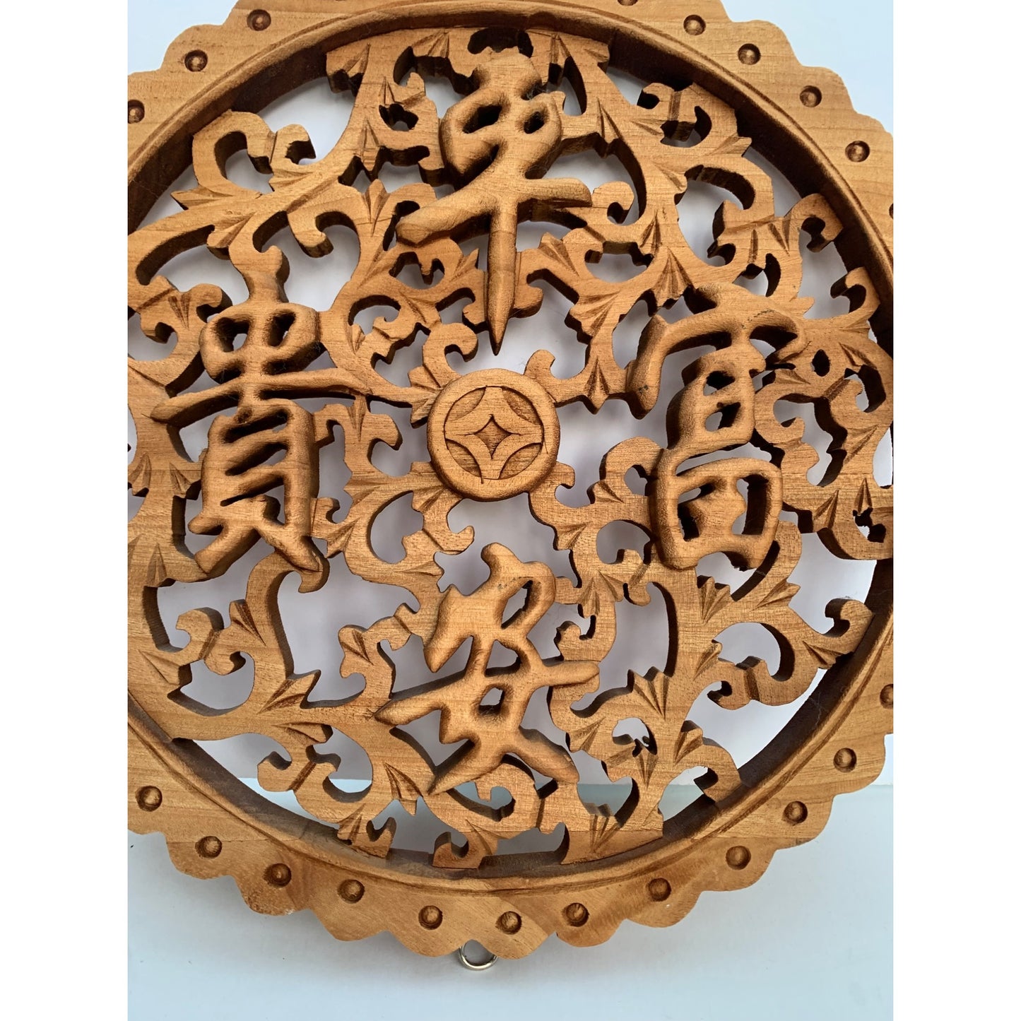 10" Small Round Chinese Blessing Fok Bats Motif Wood Wall Panel Plaque Wave Edge