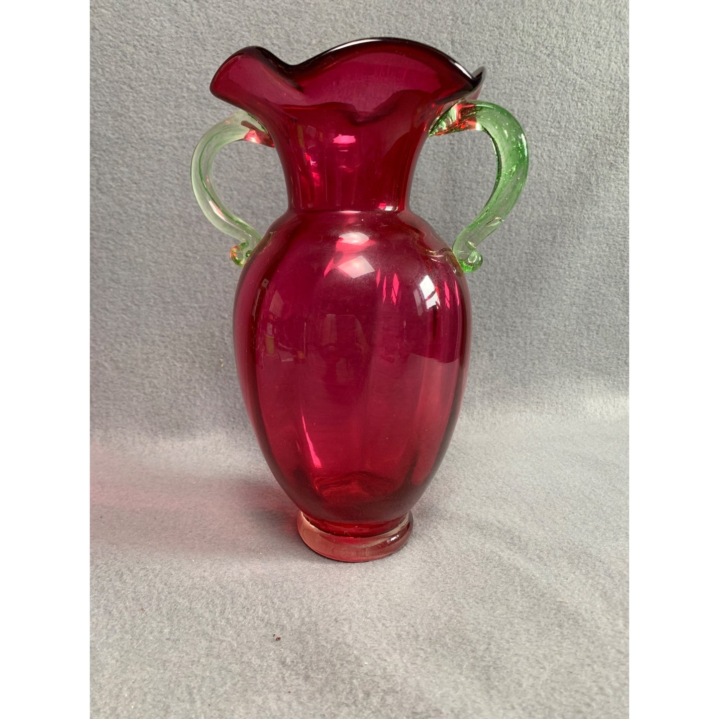 Vintage Hand Blown Cranberry Glass Vase with Green Handles 9.5 inch tall