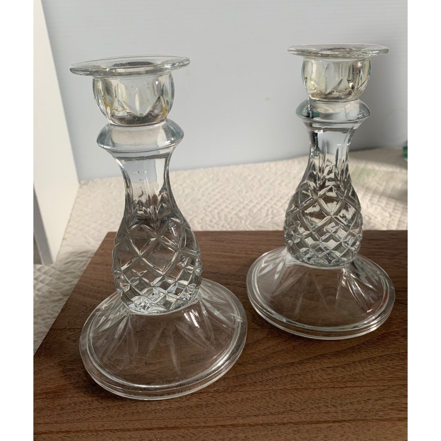 Cambridge Pineapple Pattern Clear Pressed Glass Candle Stick set of 2 6 inch tall