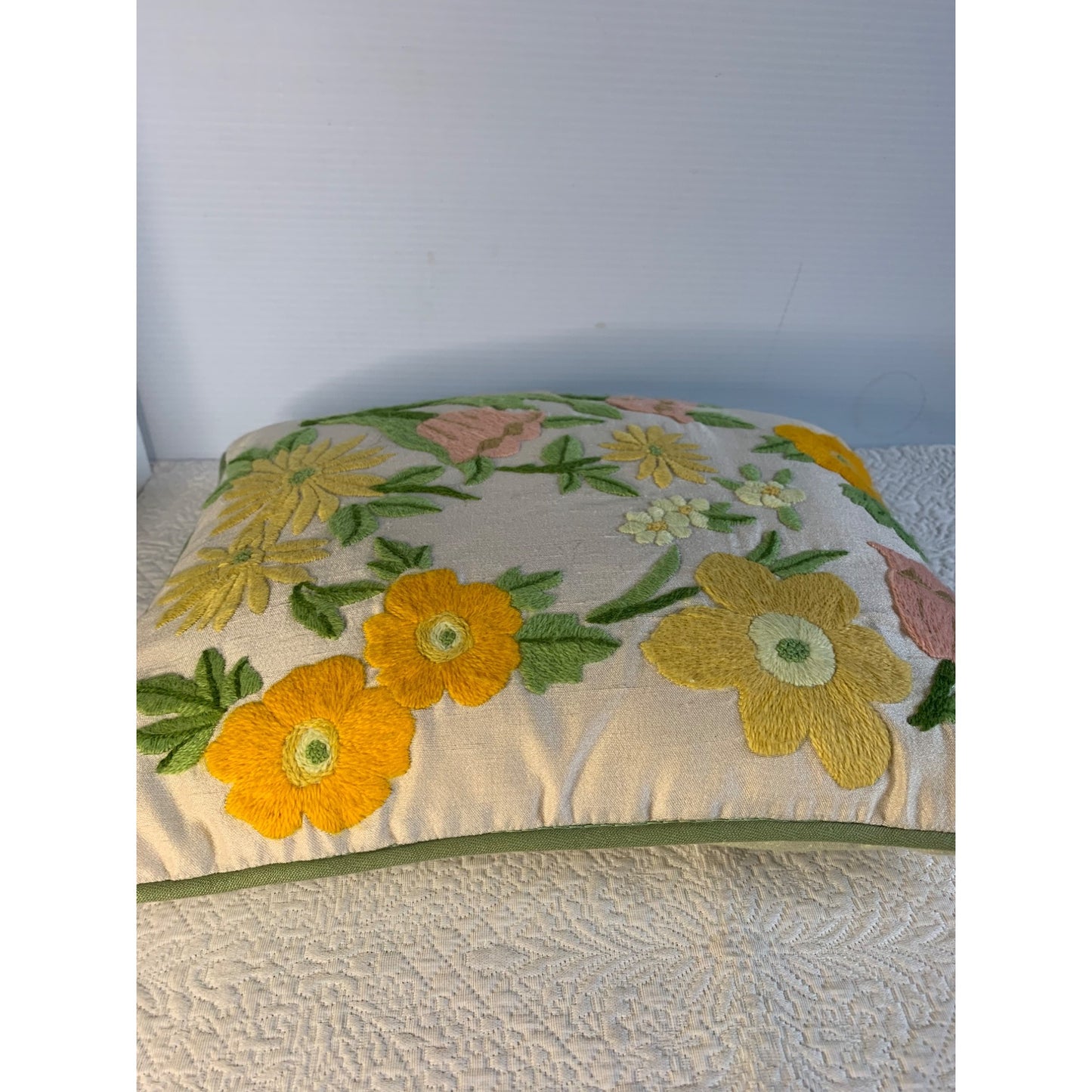 Vintage Crewel Yellow and Pink Flower accent pillow with green piping