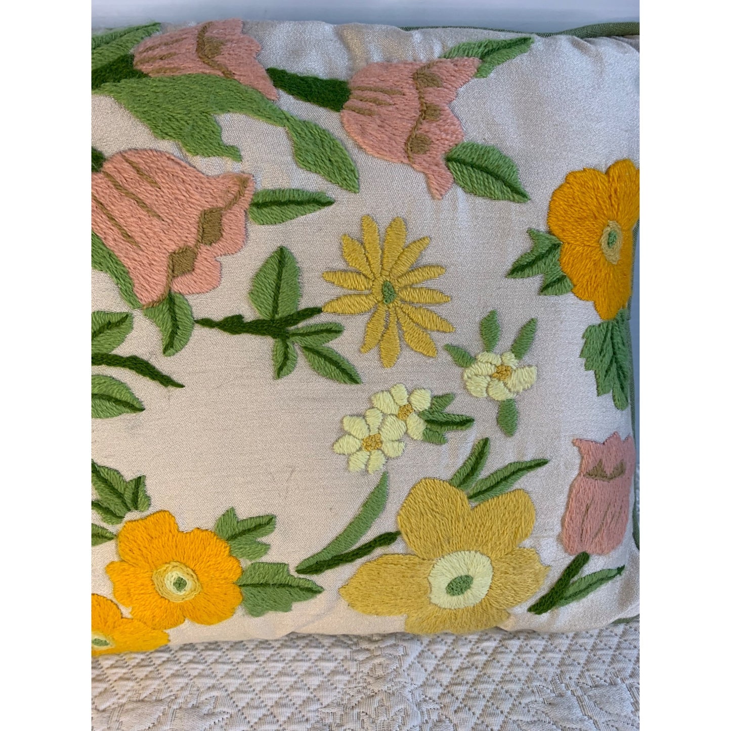 Vintage Crewel Yellow and Pink Flower accent pillow with green piping