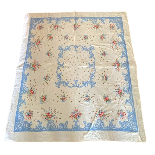 Vintage Floral Tablecloth with Blue & Red Flowers 43"x49" Cotton Blend