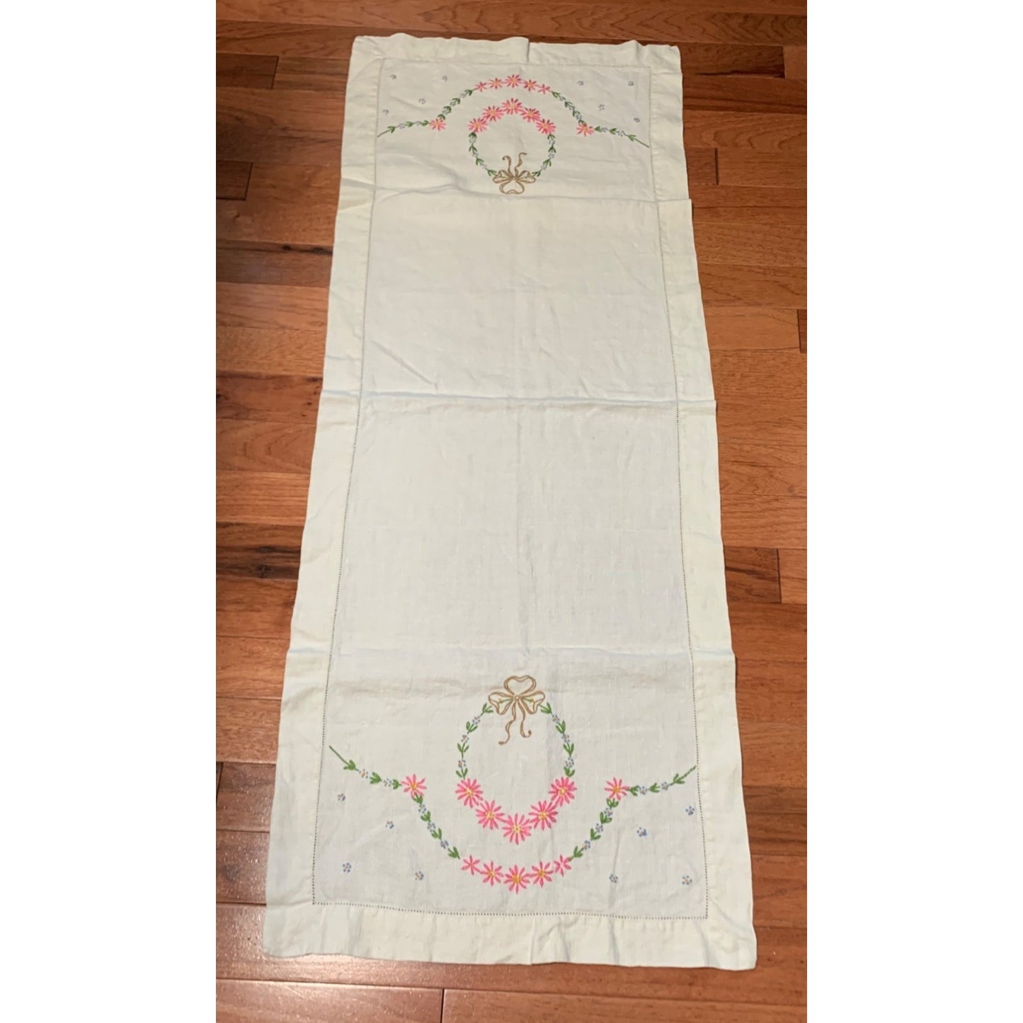 Vintage Embroidery Pink and Blue Flower Linen Table Runner 16"x41"