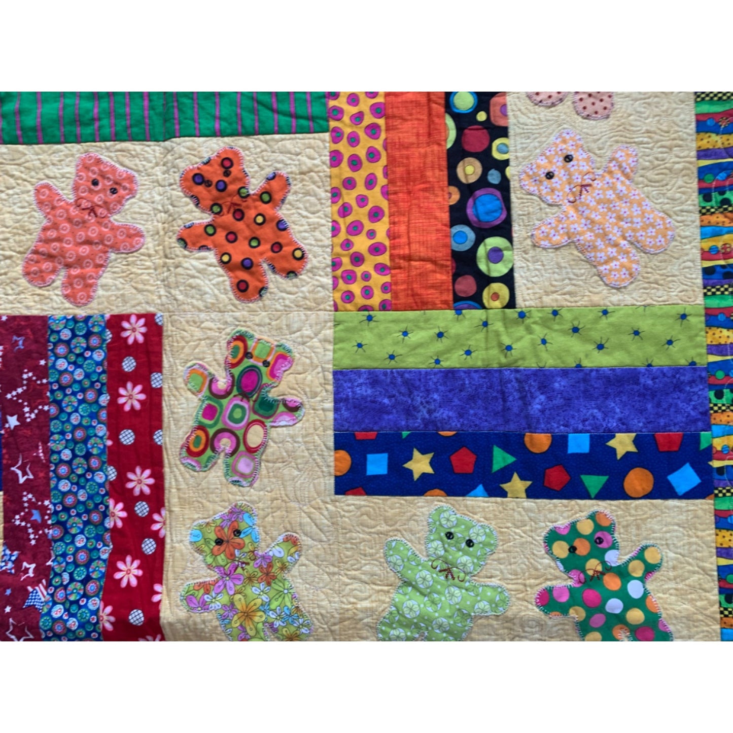 Handmade Rail Fence and Applique Blocks and Teddy Bear motifs Quilt with pillow