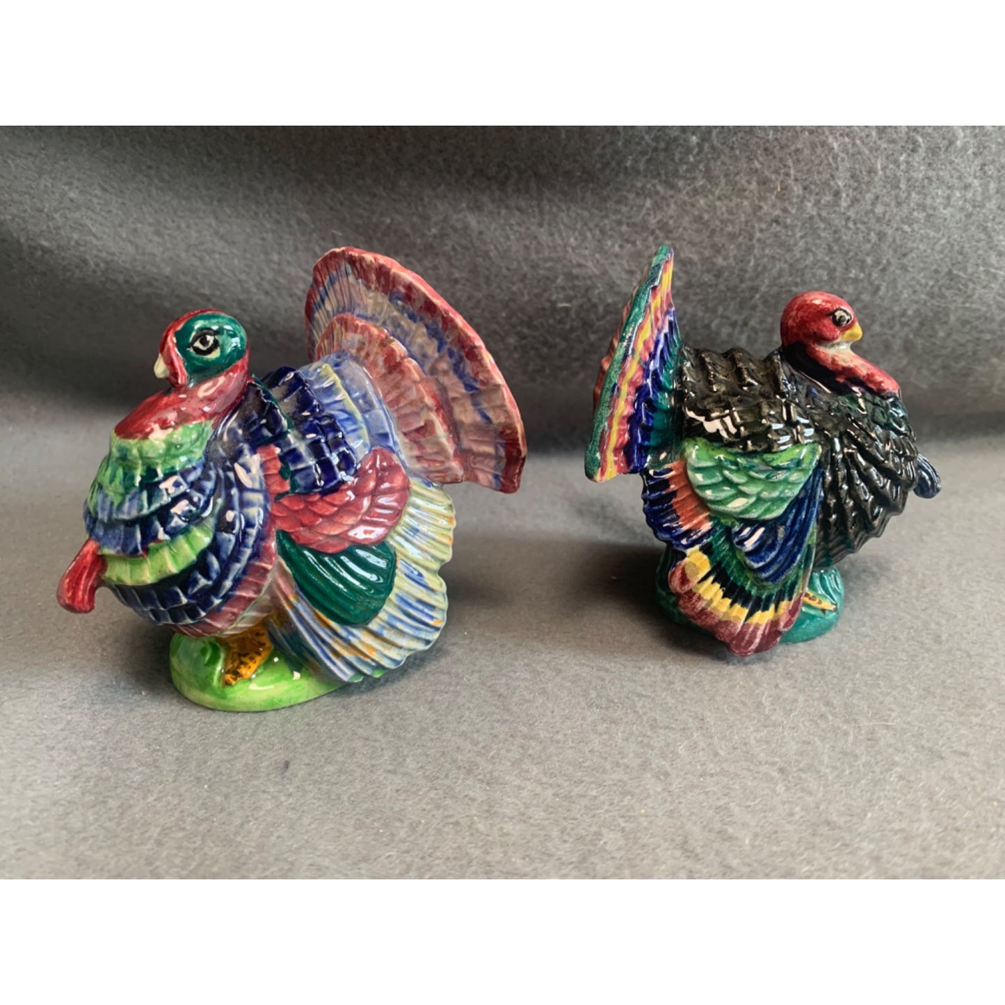 Hand-Painted Ceramic Turkey Figurines 3.5" - Colorful Pair for Thanksgiving Decor