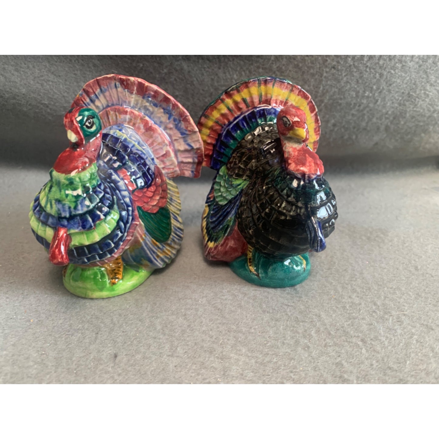 Hand-Painted Ceramic Turkey Figurines 3.5" - Colorful Pair for Thanksgiving Decor