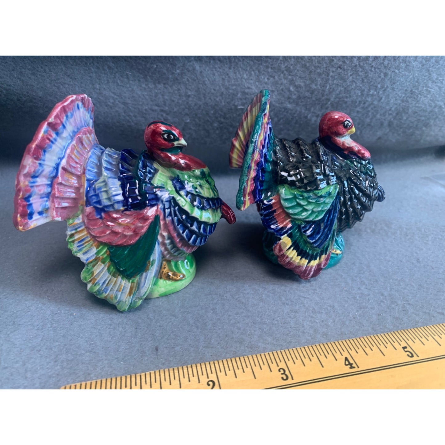 Hand-Painted Ceramic Turkey Figurines 3.5" - Colorful Pair for Thanksgiving Decor