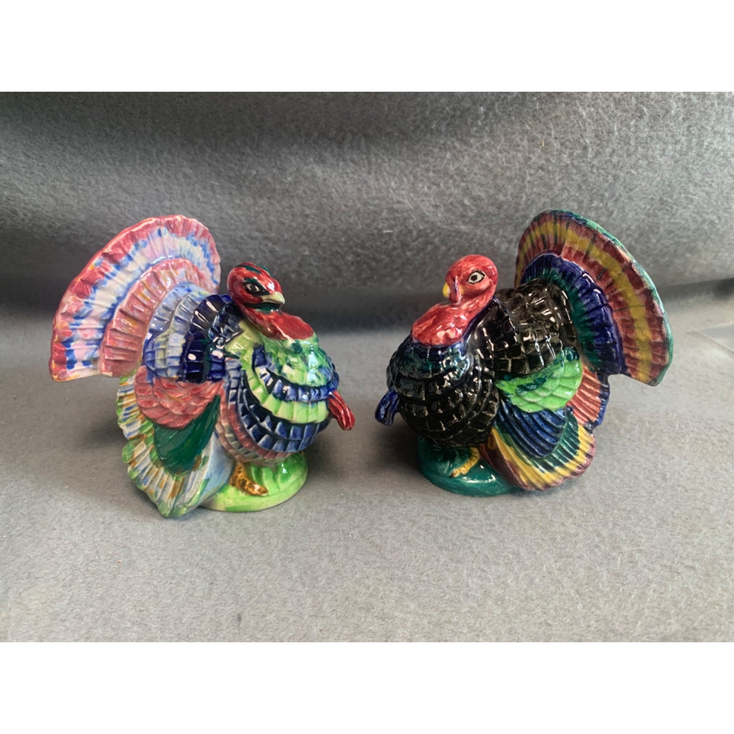 Hand-Painted Ceramic Turkey Figurines 3.5" - Colorful Pair for Thanksgiving Decor