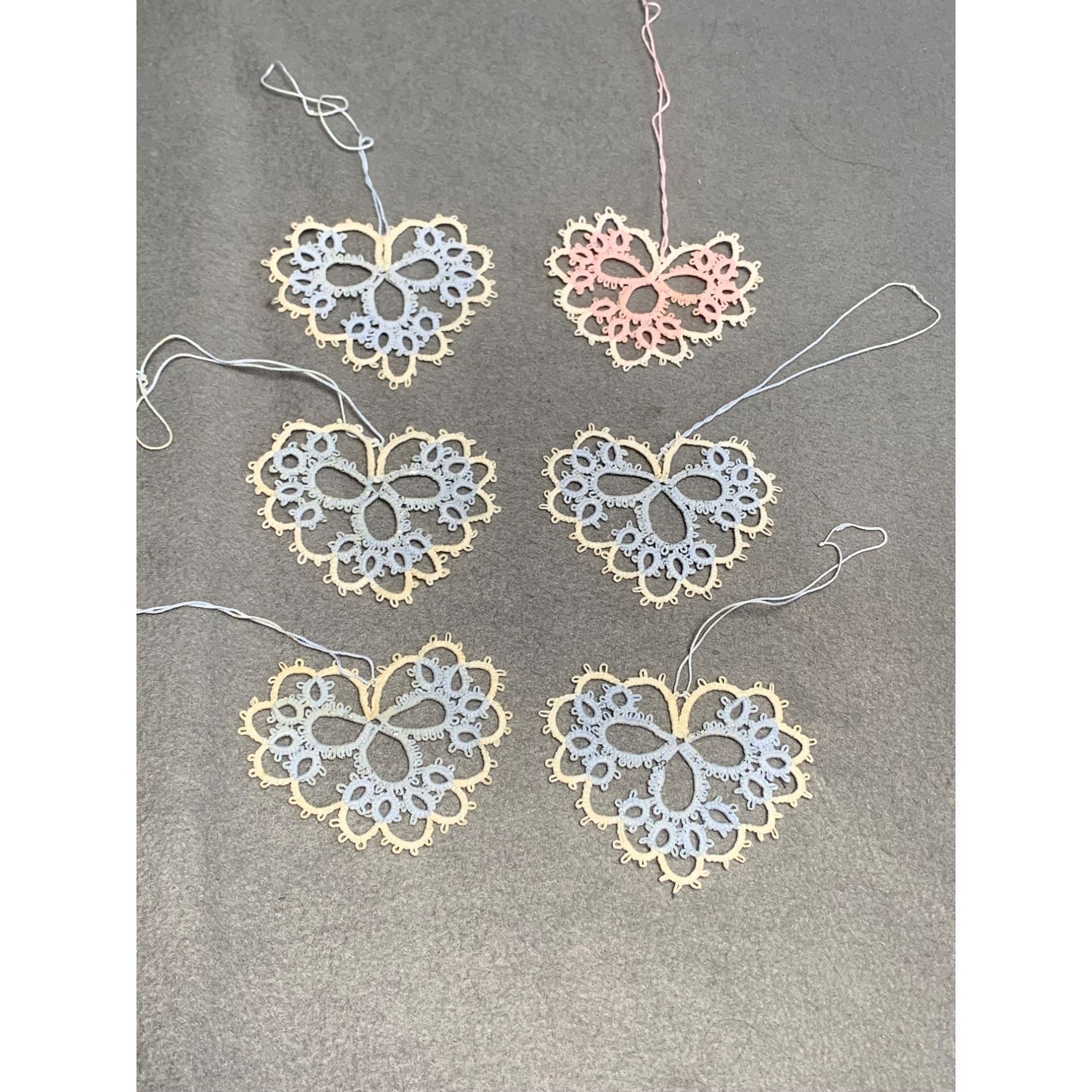 Handmade Tatting Lace Heart Ornaments Set of 6 Embroidered Cotton Decoration