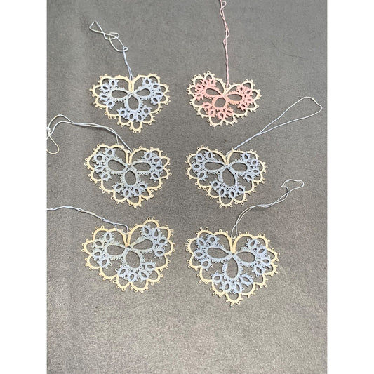 Handmade Tatting Lace Heart Ornaments Set of 6 Embroidered Cotton Decoration