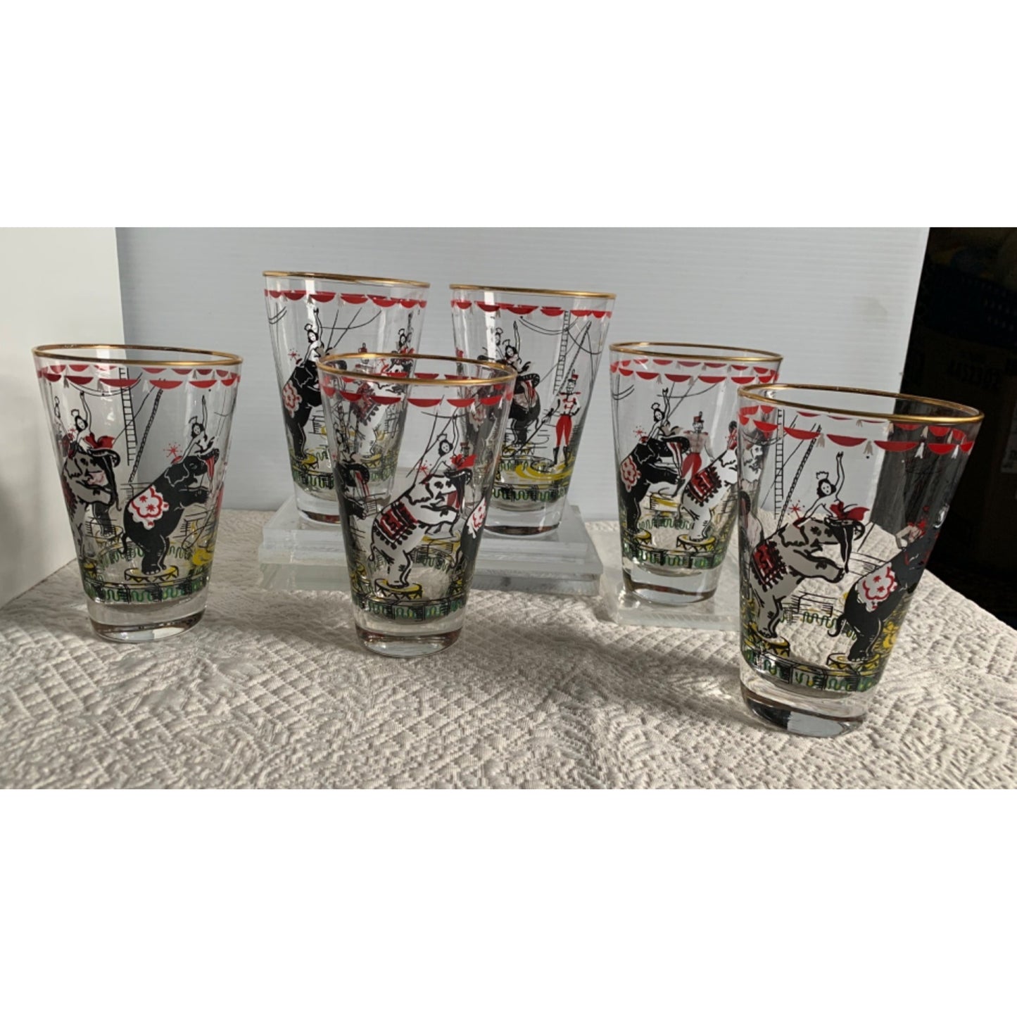 Vtg 1950s Set of 6 Libbey Glasses Day At the Circus Elephants Cocktail Gold Rim