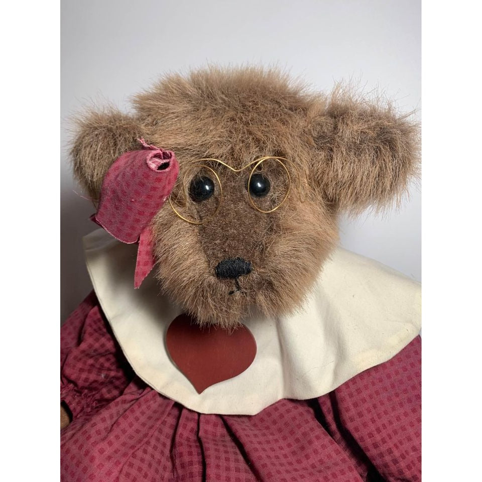 Handmade Bear jointed with Burgundy dress and glasses plush