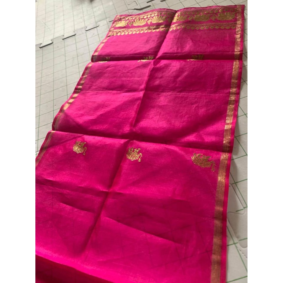 Women Hand Woven Pink with Gold Elephants Pure Silk Scarf Made in India