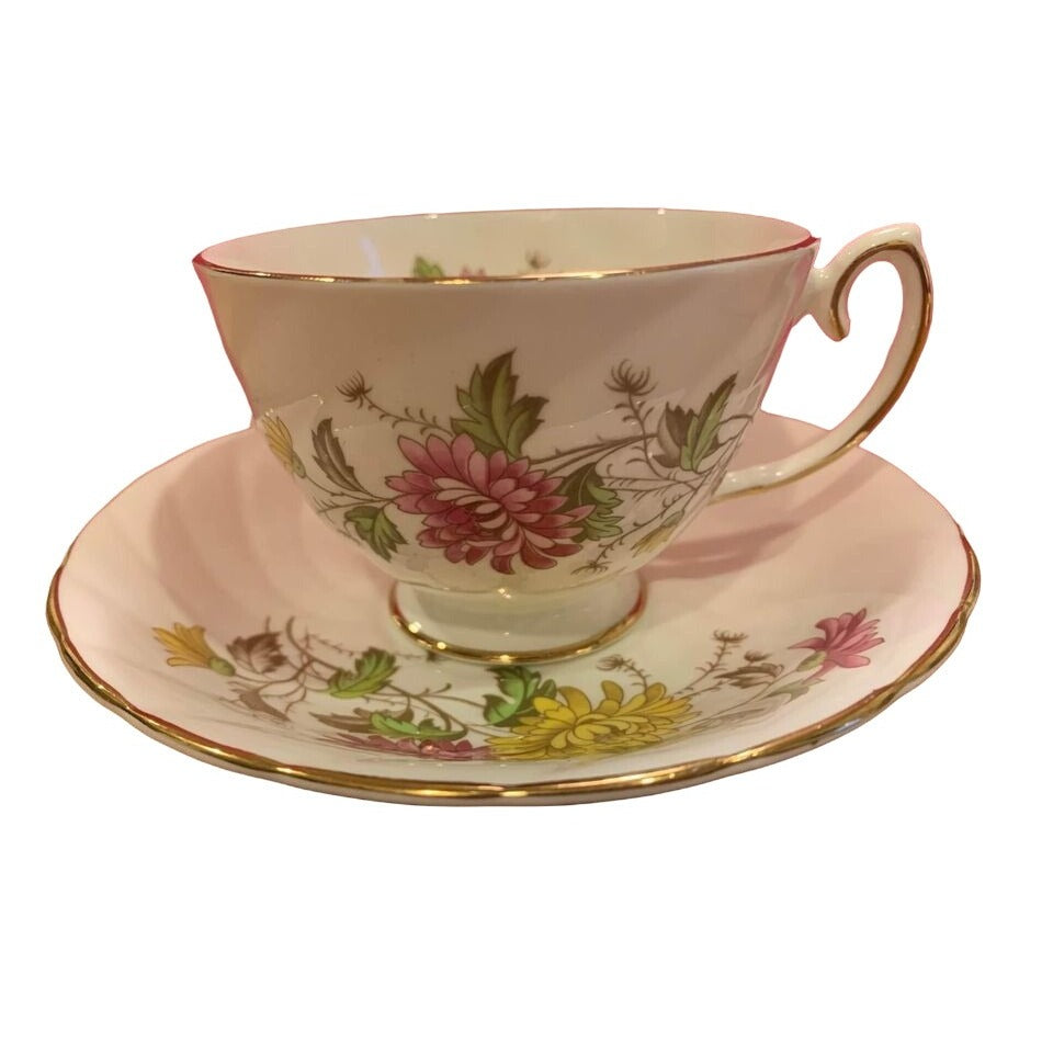 Royal Taunton Pink and Yellow flower bone China teacup and saucer