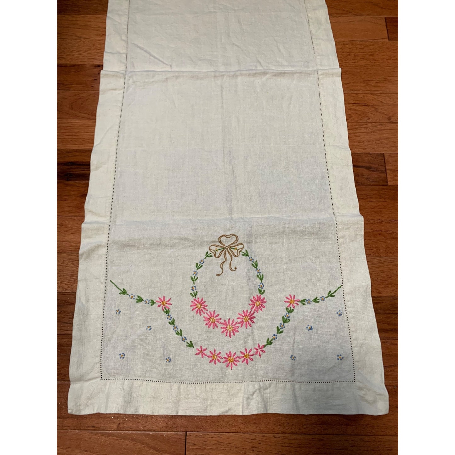 Vintage Embroidery Pink and Blue Flower Linen Table Runner 16"x41"