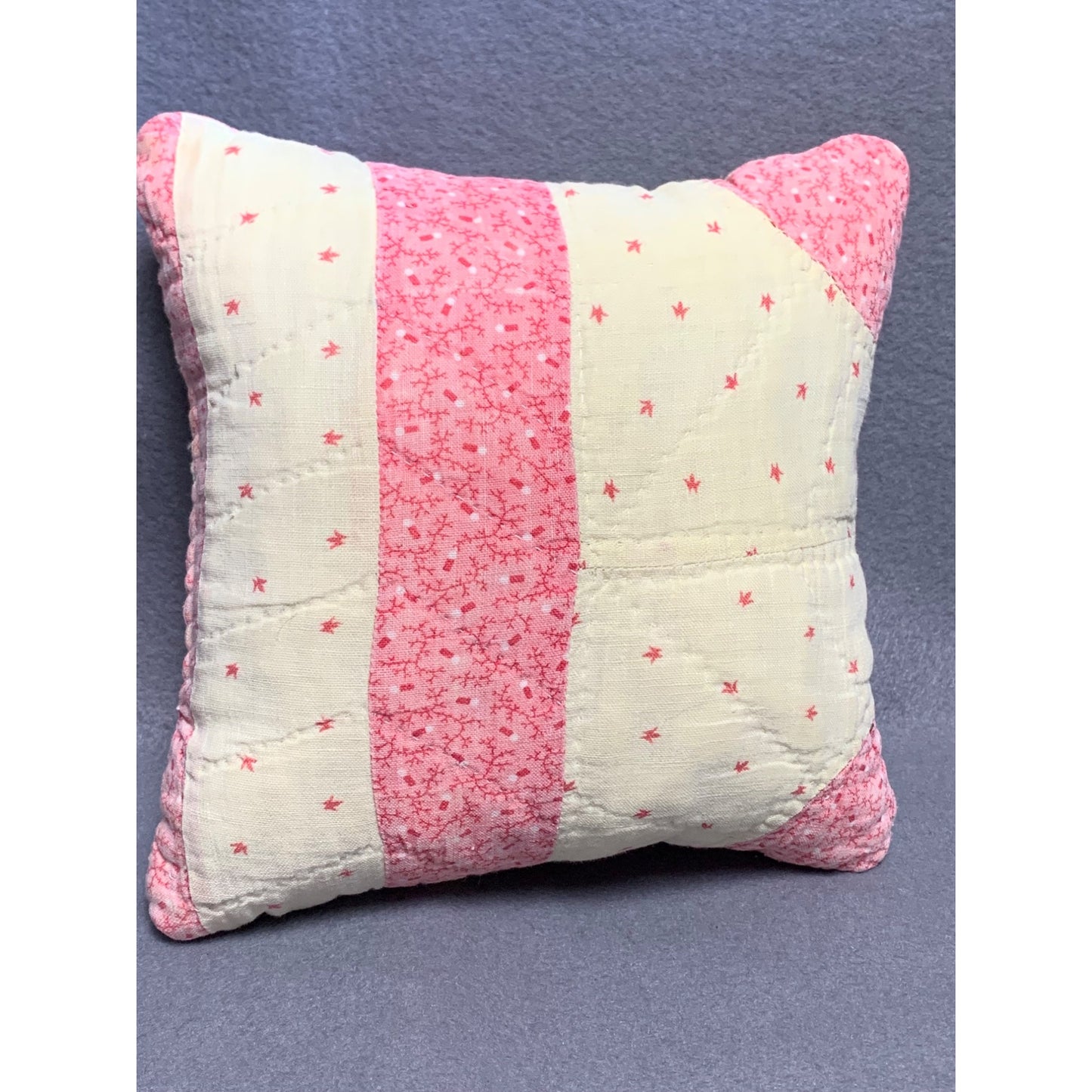 Vintage Handmade Pink & Cream Patchwork Pillow - 7" x 7" Quilted Throw Cushion