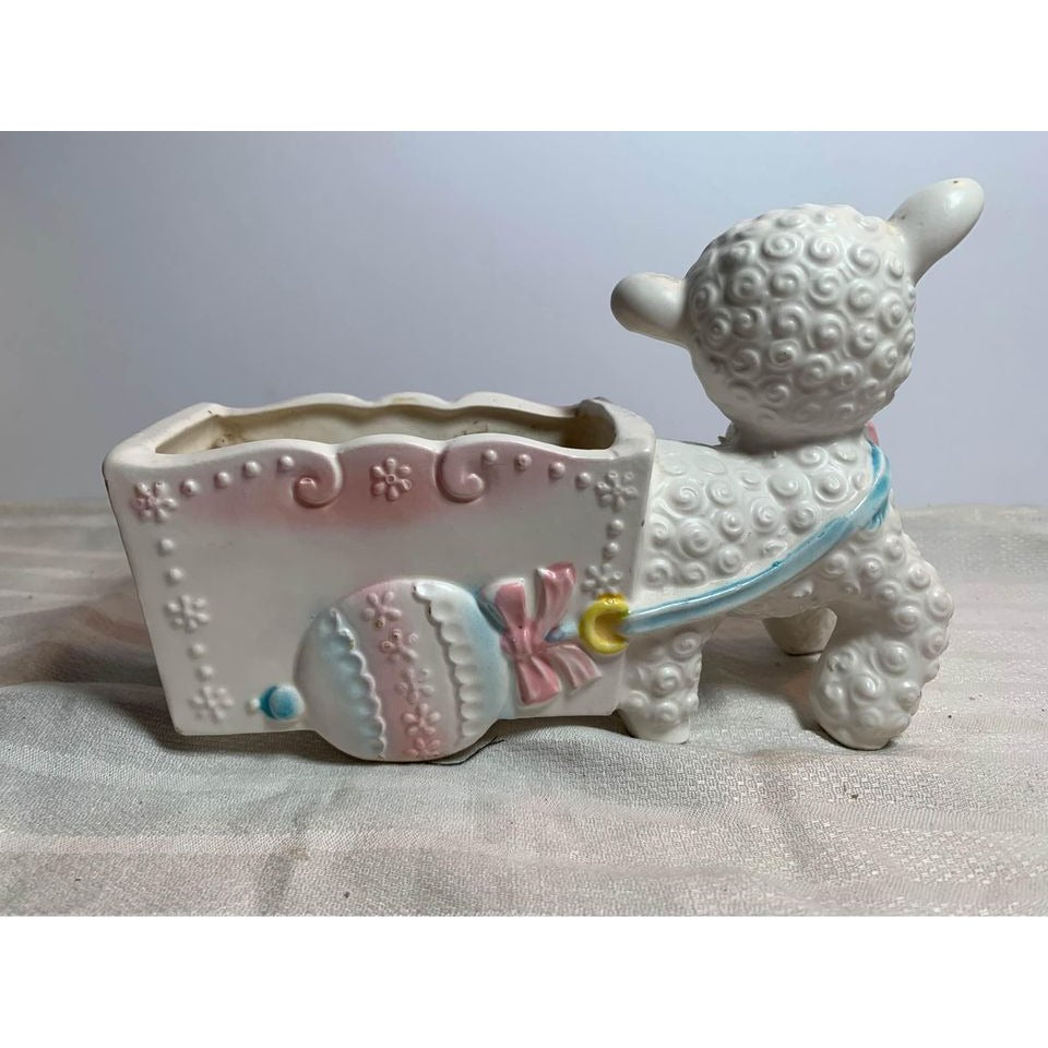 Lamb Pulling Wagon Planter E3304 Japan 50’s Vintage Ceramic