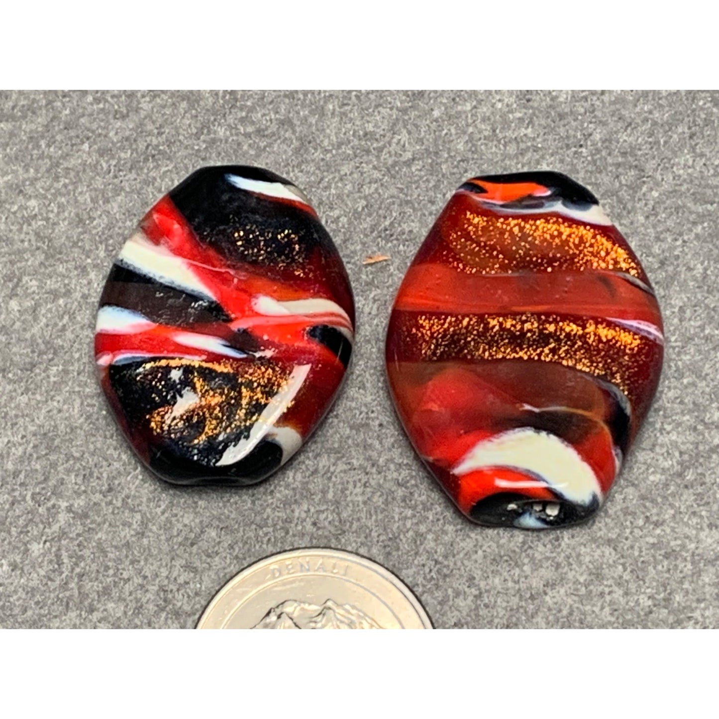 Handcrafted Lampwork Glass Beads - Red Black & Gold Glitter Swirl 2 Pcs Oval Shape