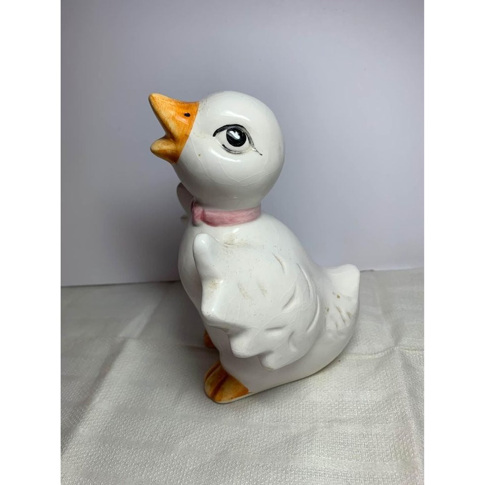 Vintage Baby Duck with Pink Bow Ceramic Figure 6.5 inch tall