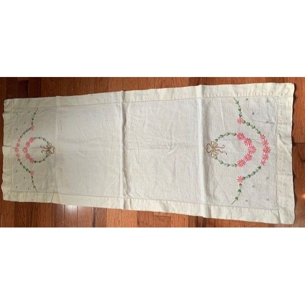 Vintage Embroidery Pink and Blue Flower Linen Table Runner 16"x41"