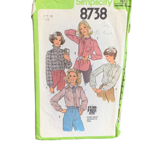 Simplicity 8738 Vintage Sewing Pattern for Misses Shirt Size 18