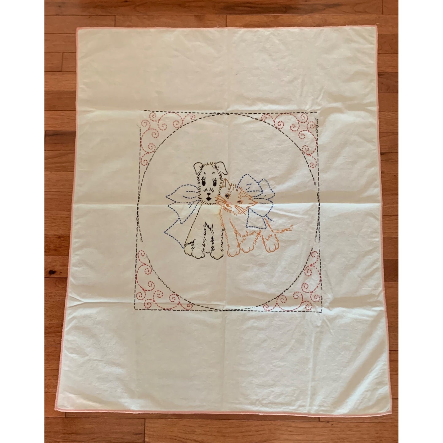 Hand-Embroidered Puppy & Kitten Baby Blanket 41x33 Inches Cotton Cream