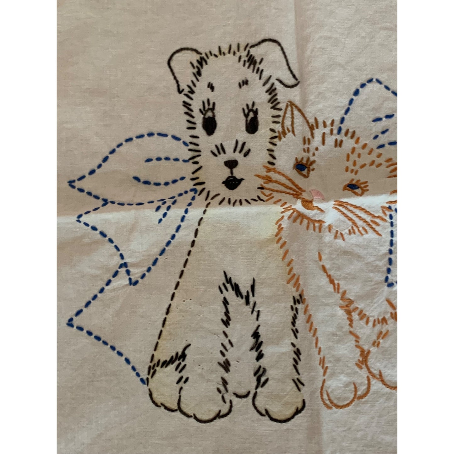 Hand-Embroidered Puppy & Kitten Baby Blanket 41x33 Inches Cotton Cream