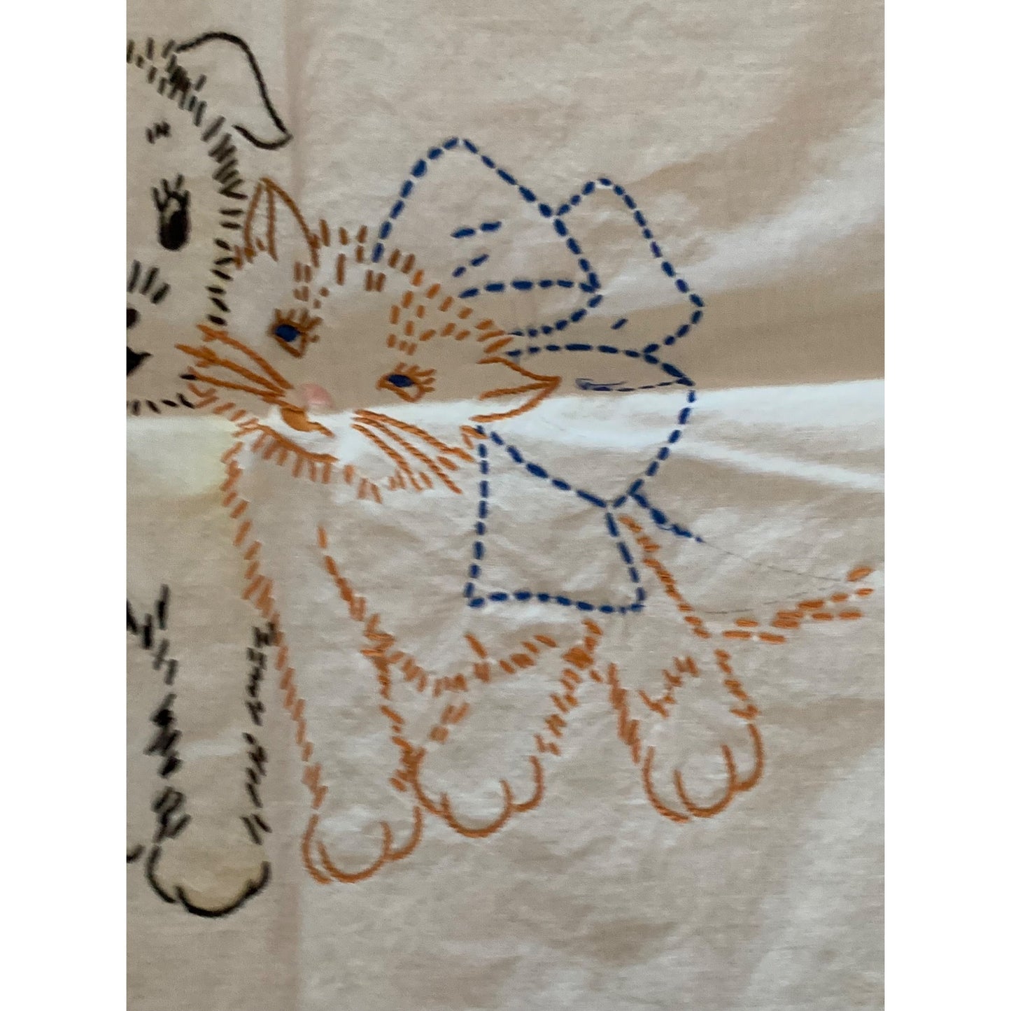 Hand-Embroidered Puppy & Kitten Baby Blanket 41x33 Inches Cotton Cream