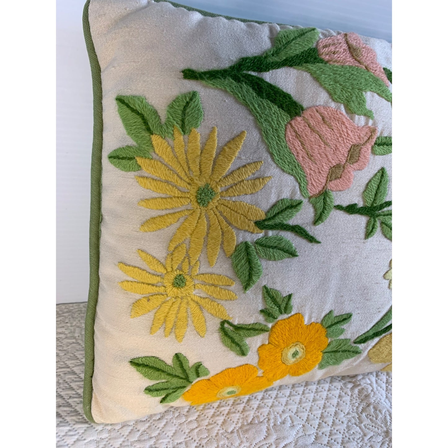 Vintage Crewel Yellow and Pink Flower accent pillow with green piping