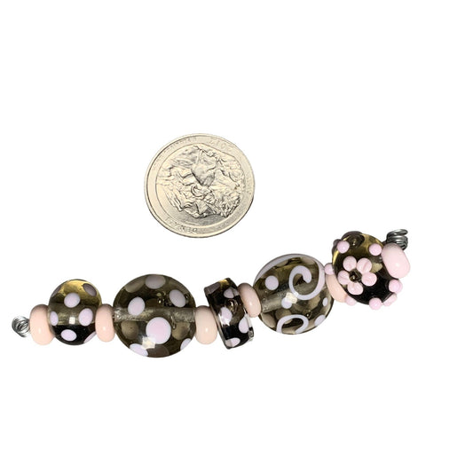 Handmade Pink & Gray Lampwork Glass Beads Polka Dot & Swirl Pattern Jewelry Making