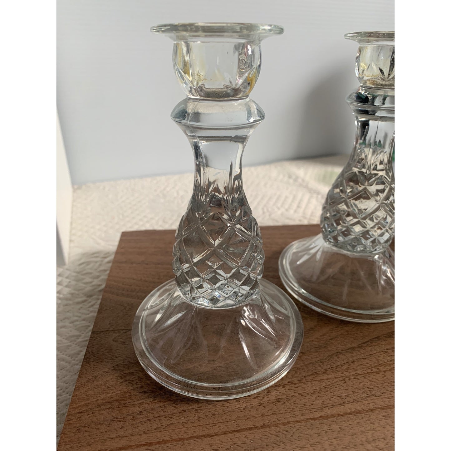 Cambridge Pineapple Pattern Clear Pressed Glass Candle Stick set of 2 6 inch tall