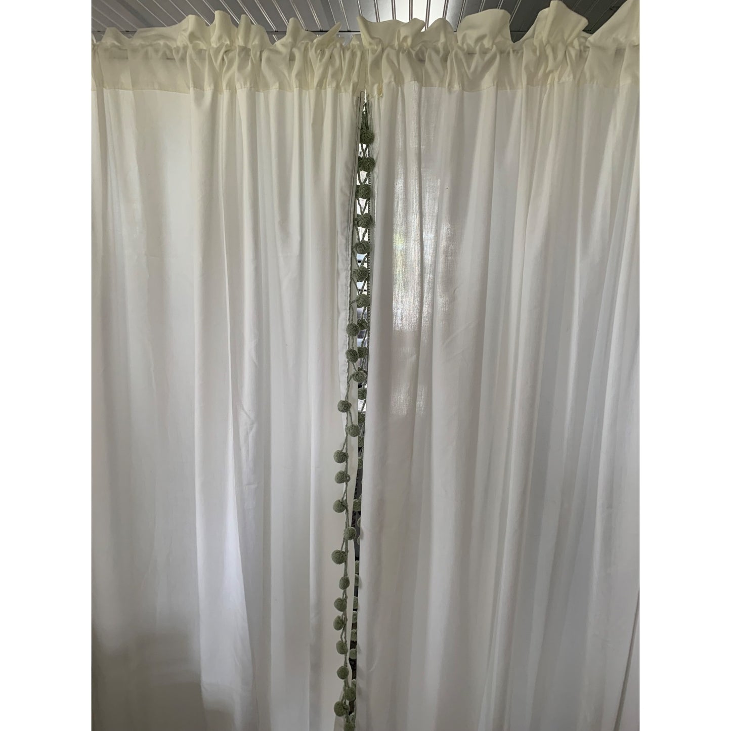 JCPenney Pair Ivory Panel Curtains Pom Pom Fringe with tiebacks set of 2