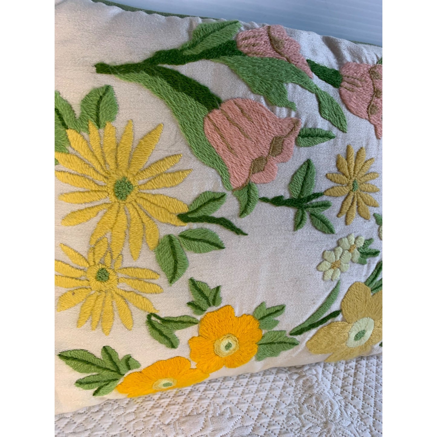 Vintage Crewel Yellow and Pink Flower accent pillow with green piping