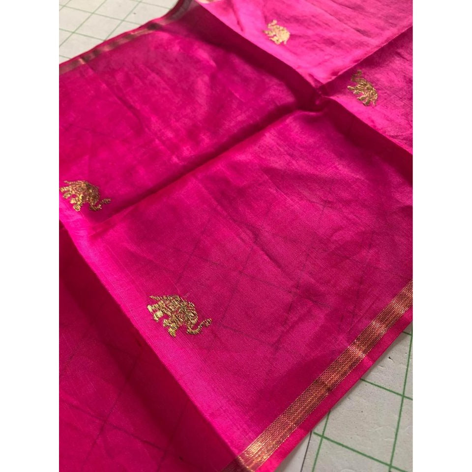 Women Hand Woven Pink with Gold Elephants Pure Silk Scarf Made in India