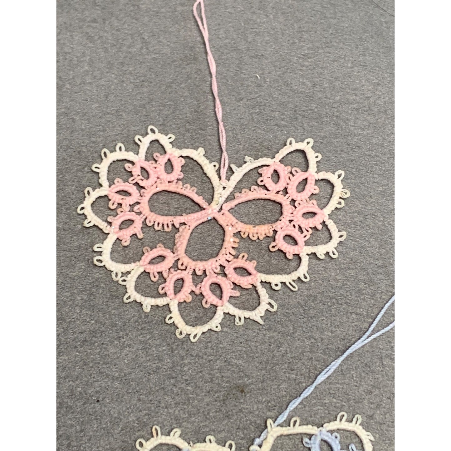 Handmade Tatting Lace Heart Ornaments Set of 6 Embroidered Cotton Decoration